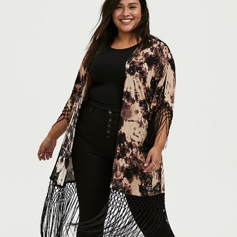 Torrid Black Tye-Dye Crepe Fringe Kimono Size 1/2